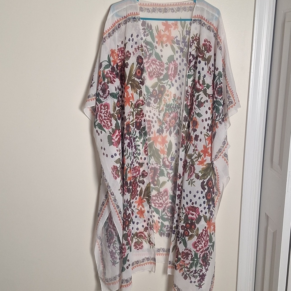 Cupshe White Floral Print Midi Side Slip Chiffon Cover Up Cardigan Kimono - Picture 5 of 7